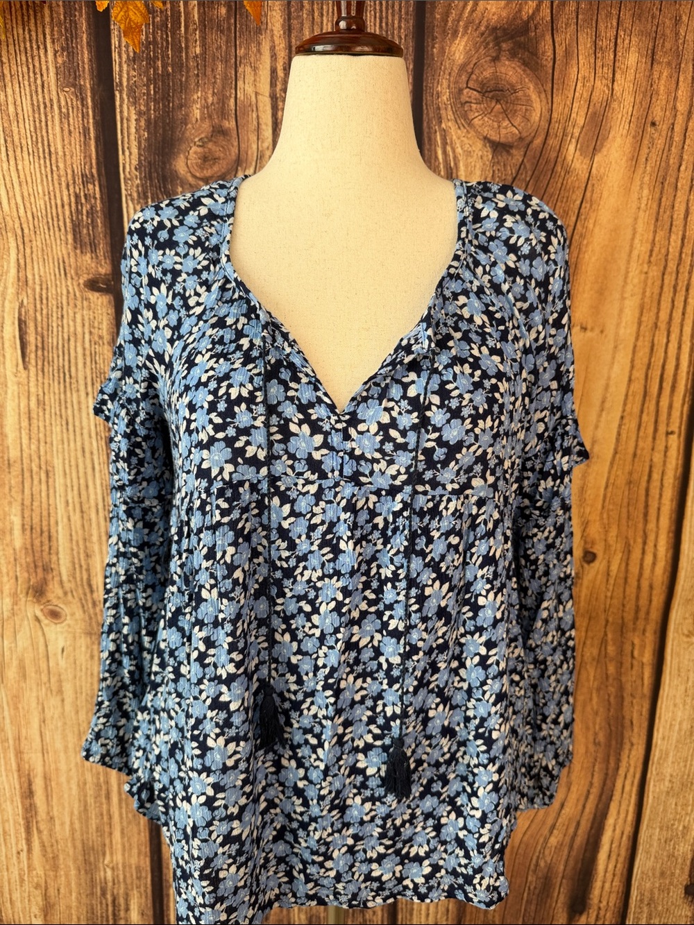 Old Navy Floral Navy and Light Blue Tassel Peasant Top